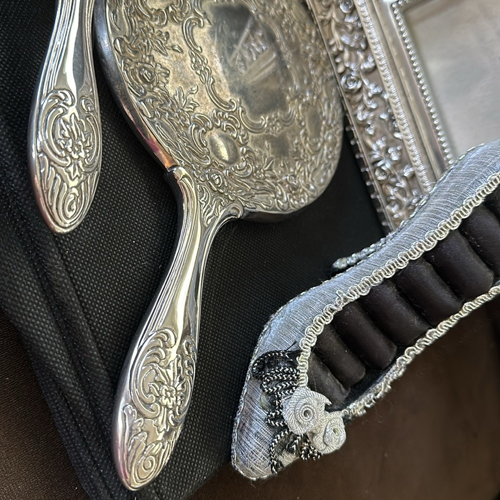 Vintage Silver Vanity Set Ornate Mirror, Brush, Trinket Box with Victorian Charm - Picture 15 of 16